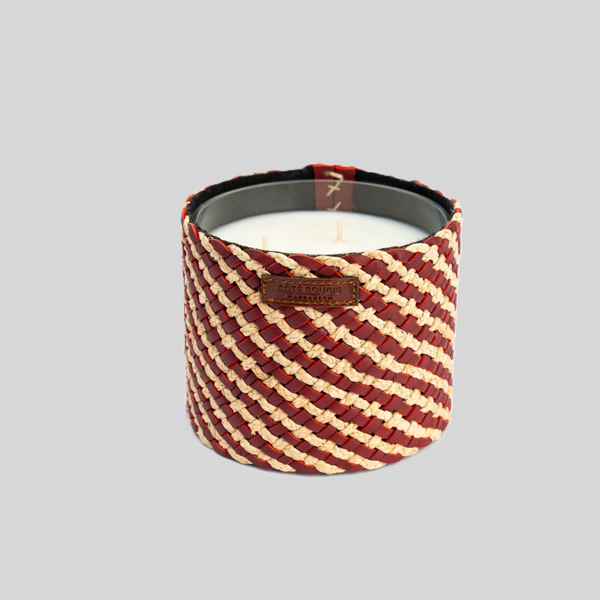 Assia Raffia-Wrapped Scented Candle Burgundy, Rose Oud Fragrance
