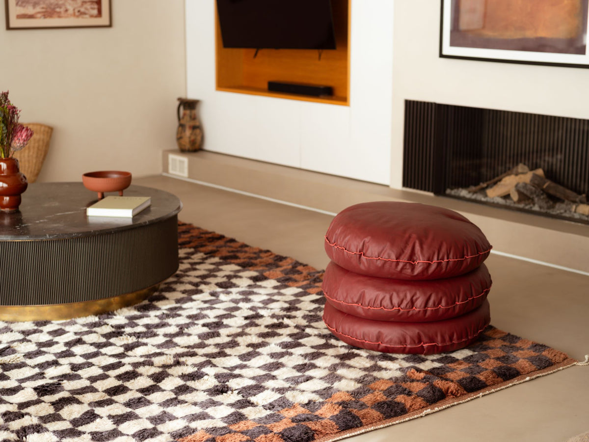 Round Leather Pouf Ø75 cm, Burgundy