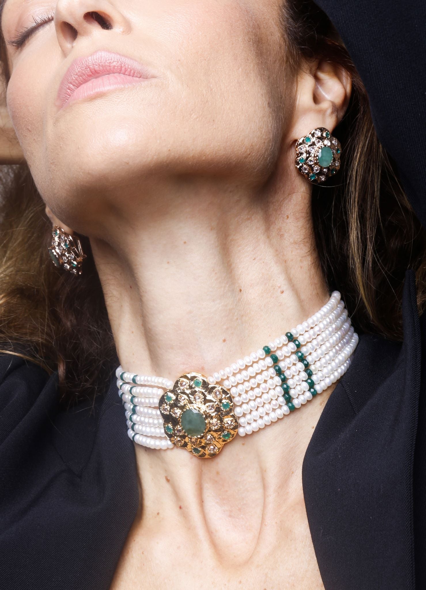 Diana Choker, Pearls & Green Agate Gemstones
