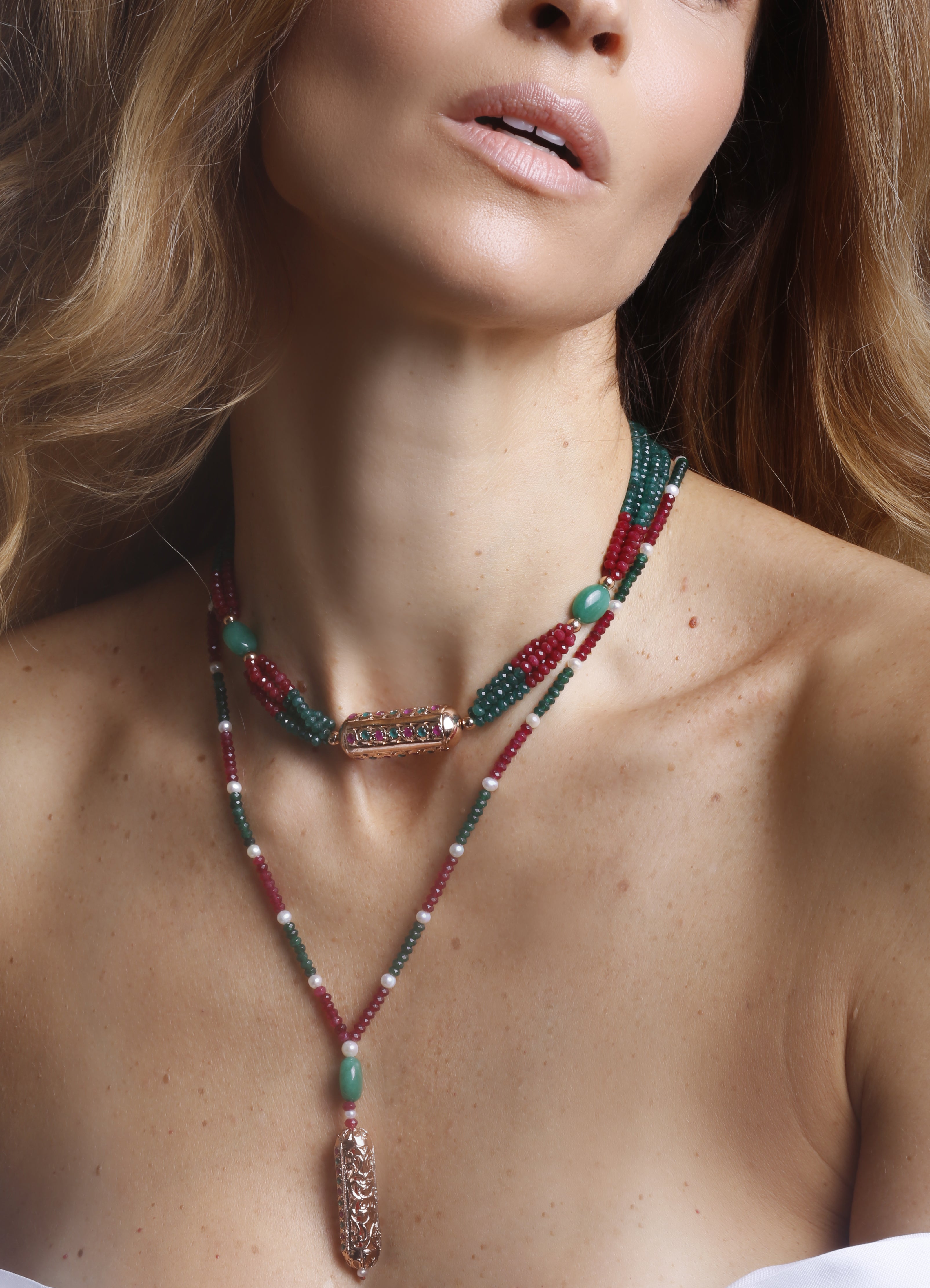 Kella Necklace, Green and Red Agate & Natural Pearls