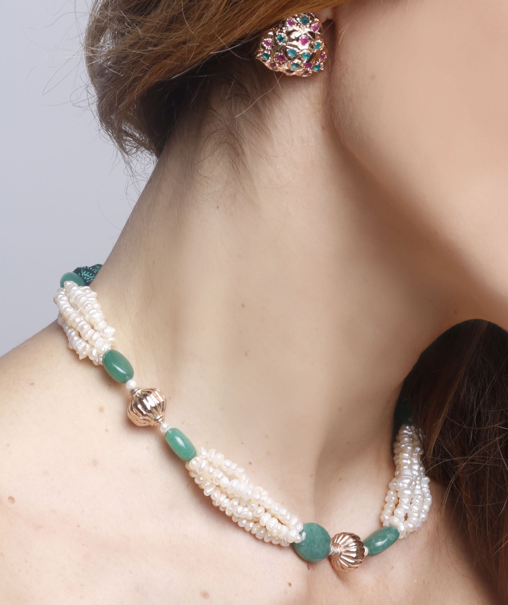 Lahna Necklace, Green Jade & Natural Pearls