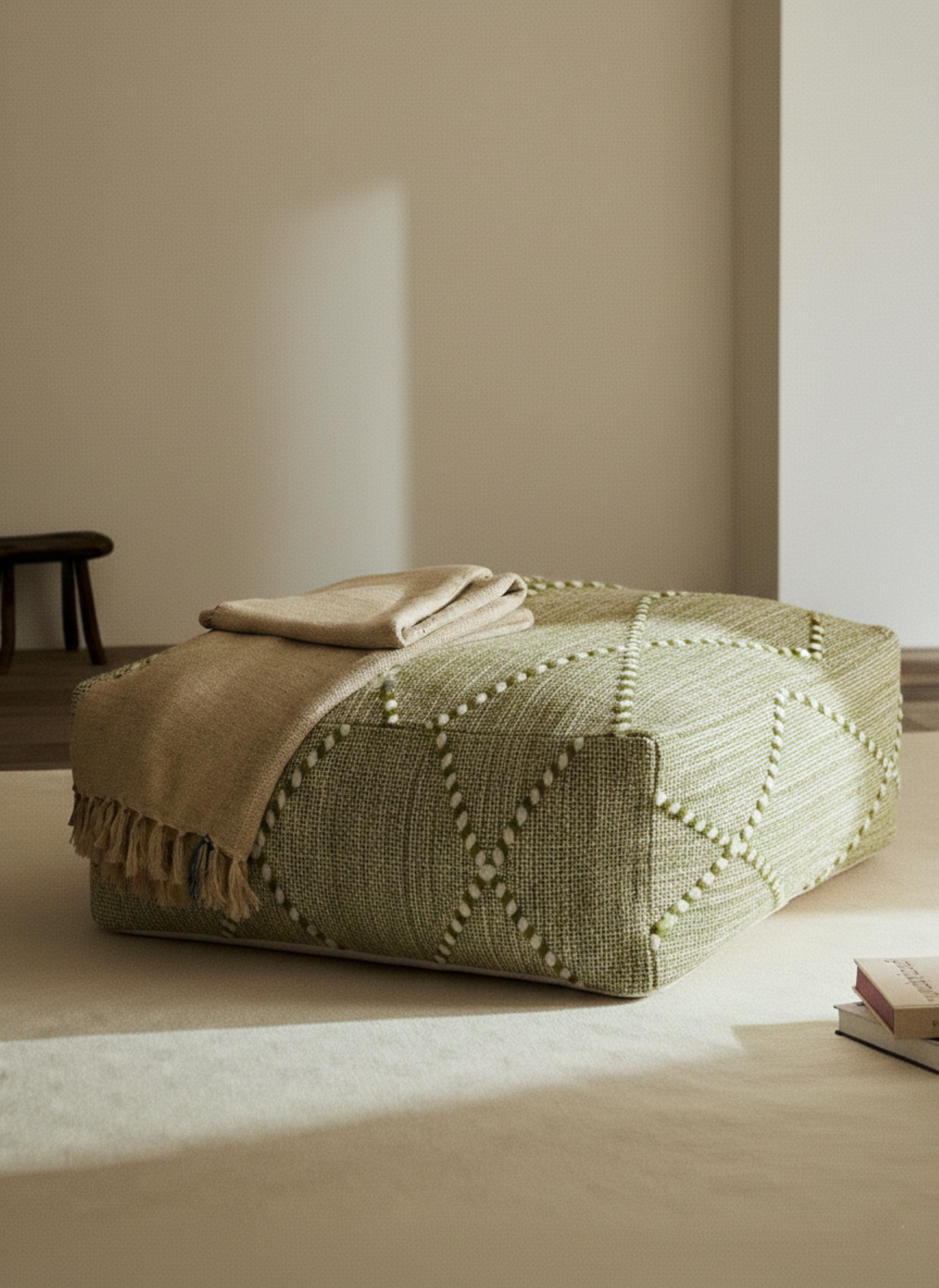 Onyx Hanbel Pouf, Natural wool-Olive