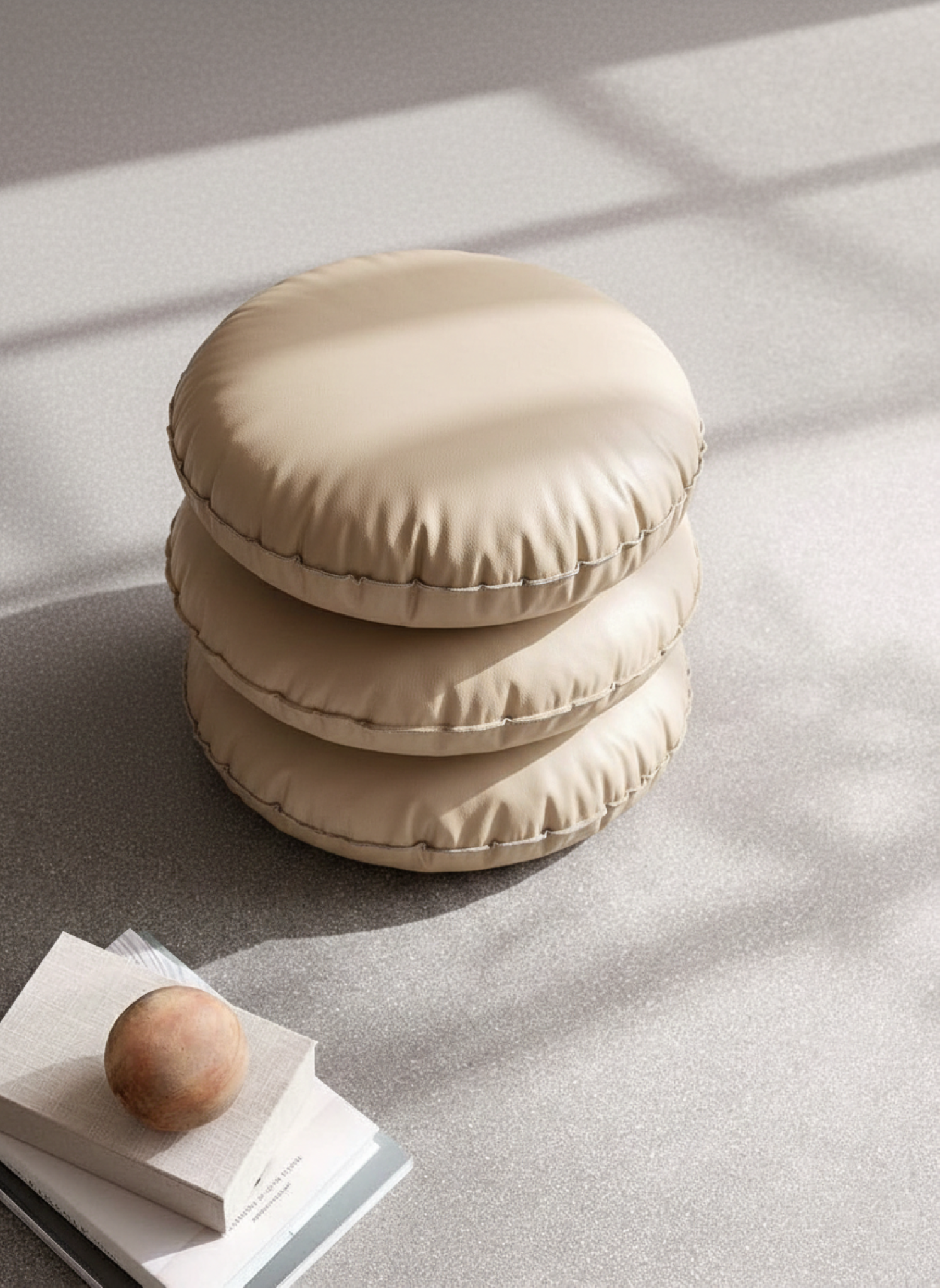 Round Leather Pouf Ø75 cm, Beige
