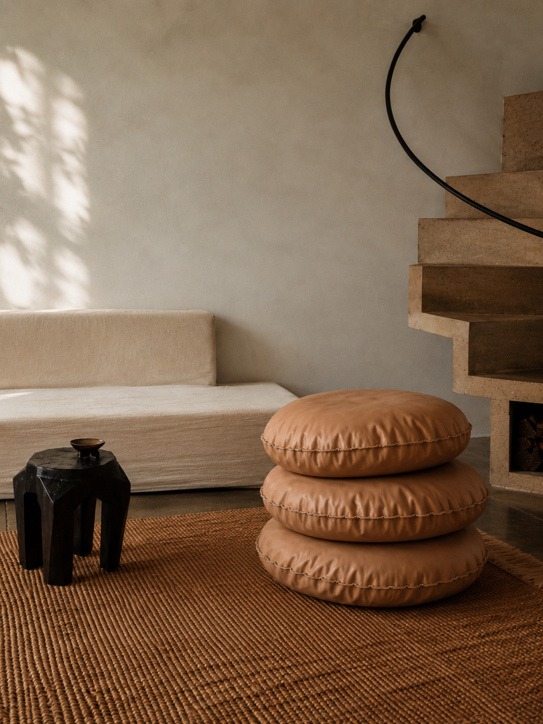 Round Leather Pouf Ø75 cm, Brown Camel