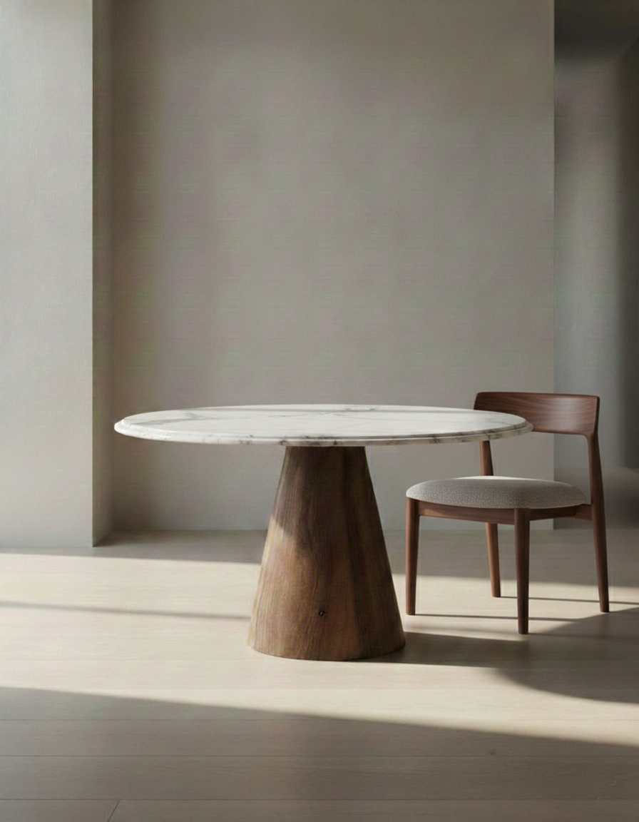 TD 11 Dining Table Ø130 cm, Grey Zayane marble - Walnut wood