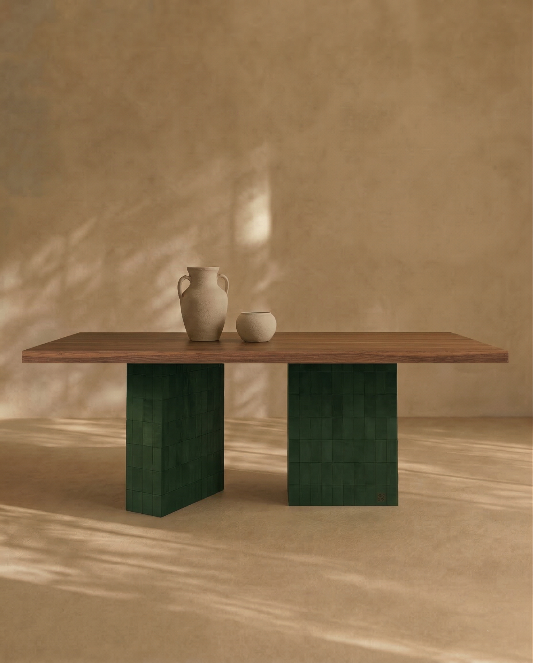 TD 13 Dining Table, Green Forest zellige - Walnut wood