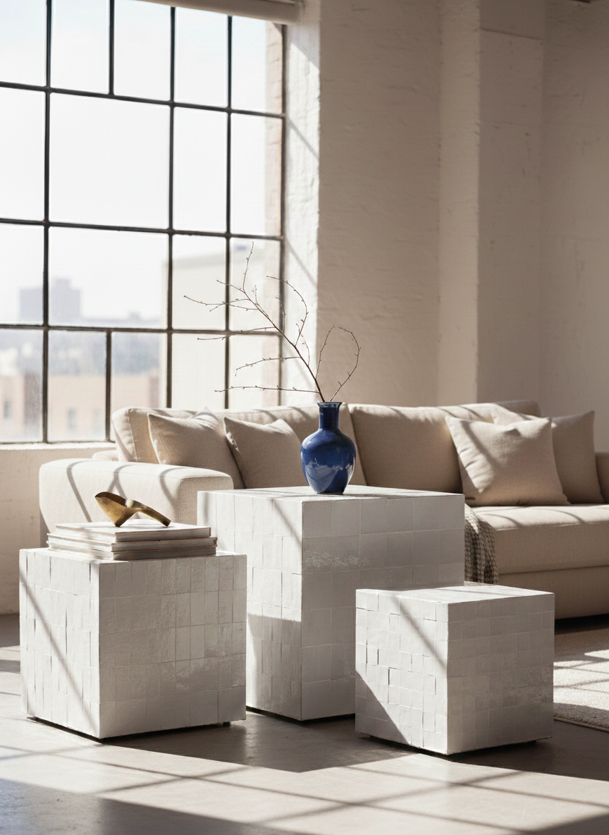 TS 12 Side Table, White Zellige