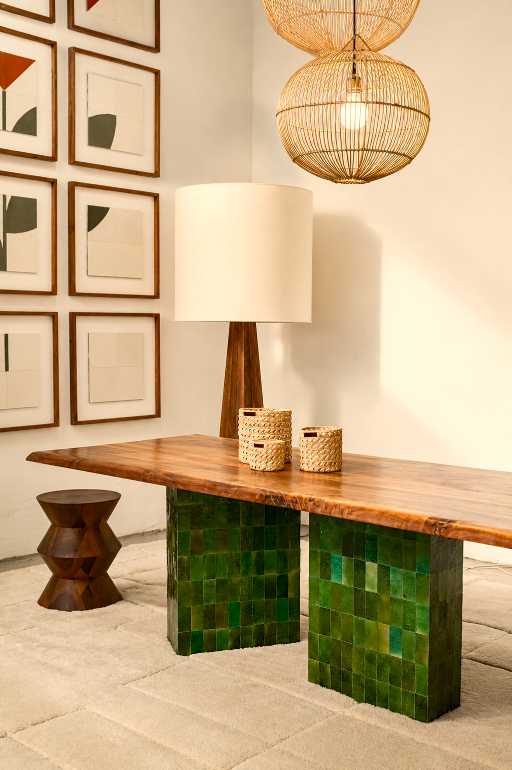 TD 13 Dining Table, Green Forest zellige - Walnut wood