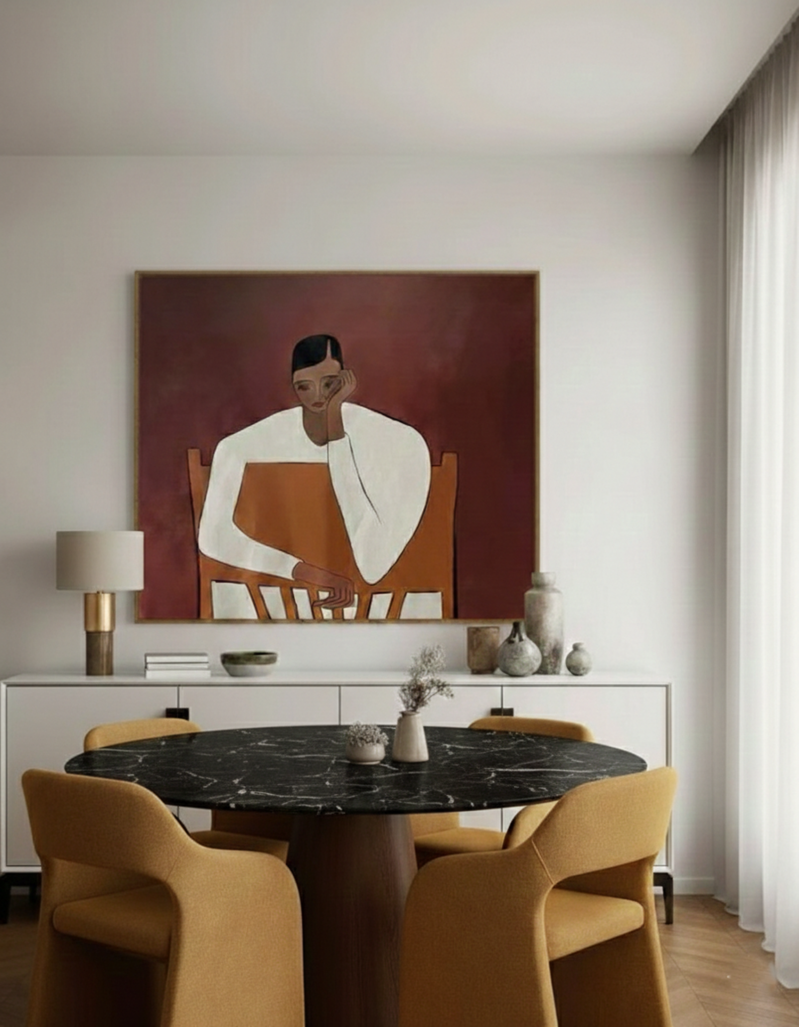 TD 11 Dining Table Ø130 cm, Black Khenifra marble - Walnut wood