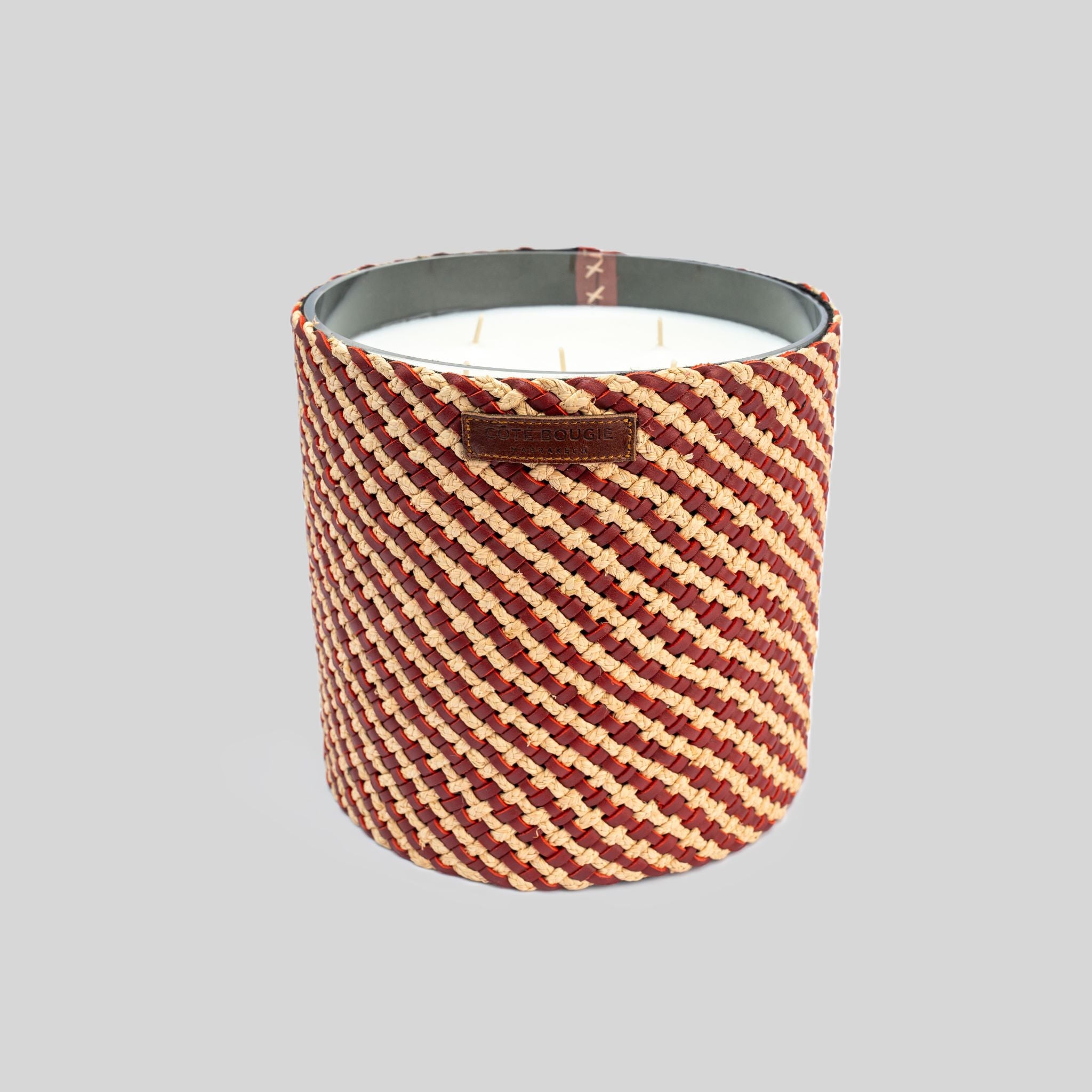 Assia Raffia-Wrapped Scented Candle Burgundy, Rose Oud Fragrance