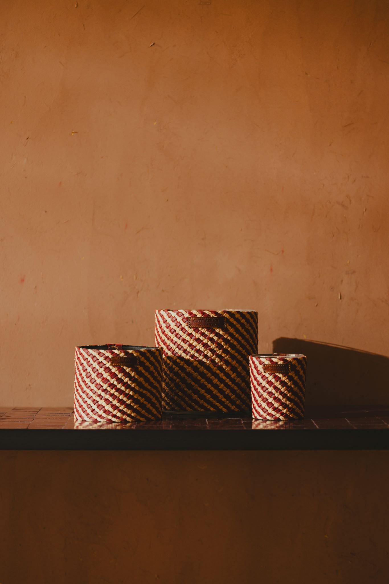 Assia Raffia-Wrapped Scented Candle Burgundy, Rose Oud Fragrance