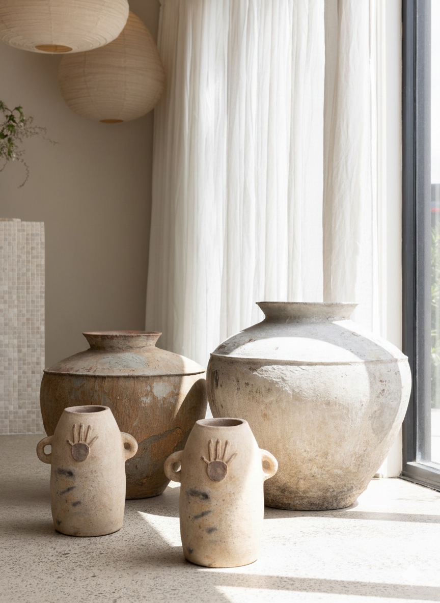 Sculptural Clay Vase H65 cm, Natural Terracotta