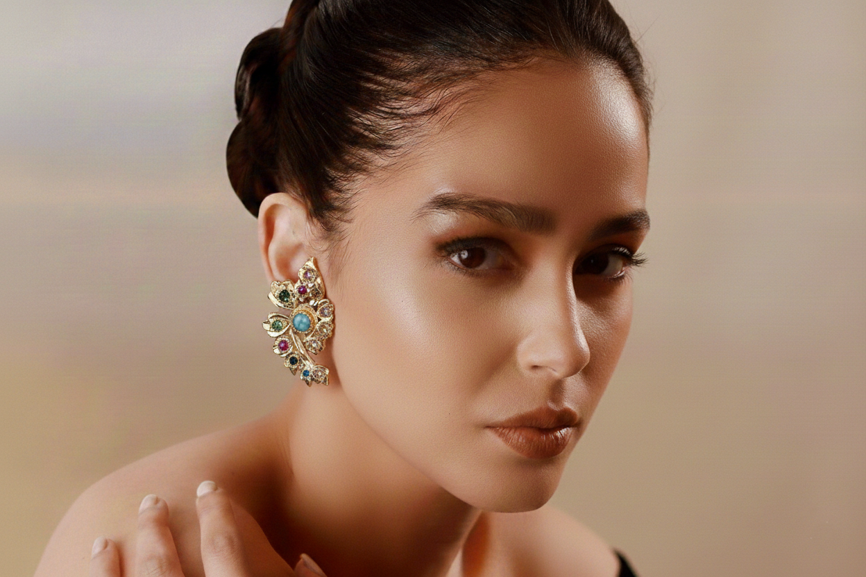 Star-Shaped Drop Earrings, Coloured Gemstones