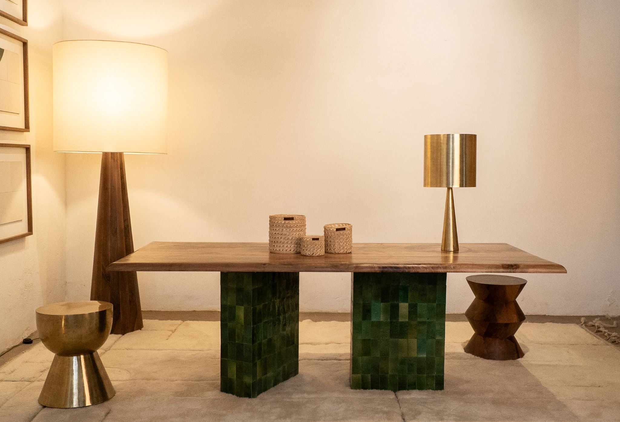 TD 13 Dining Table, Green Forest zellige - Walnut wood
