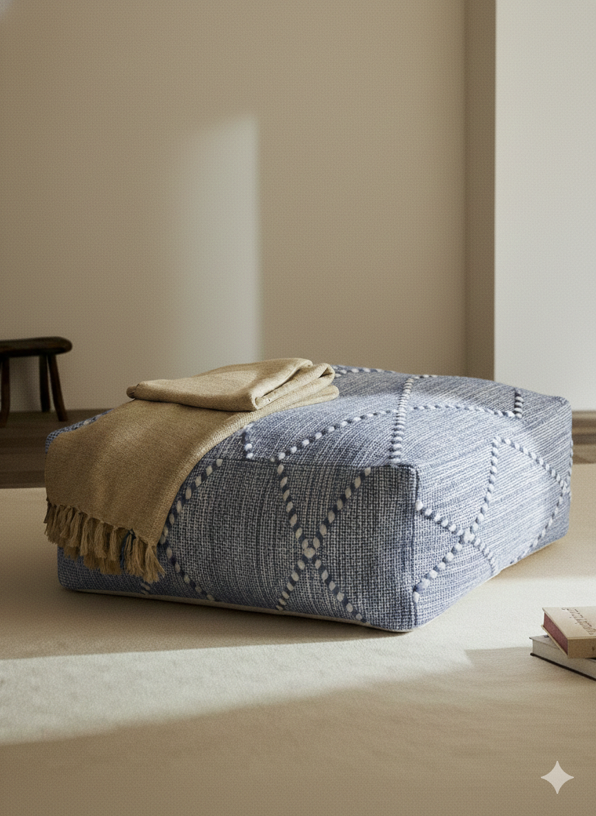 Azure Hanbel Pouf, Natural wool-Dusty cornflower