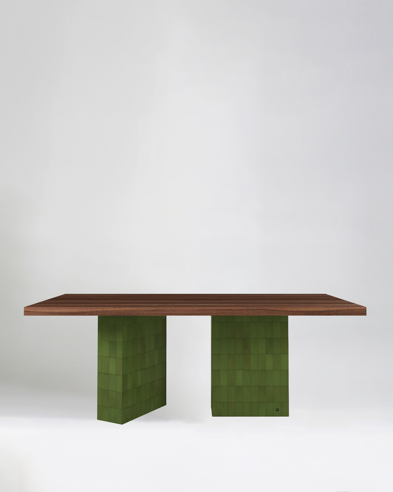 TD 13 Dining Table, Green Forest zellige - Walnut wood