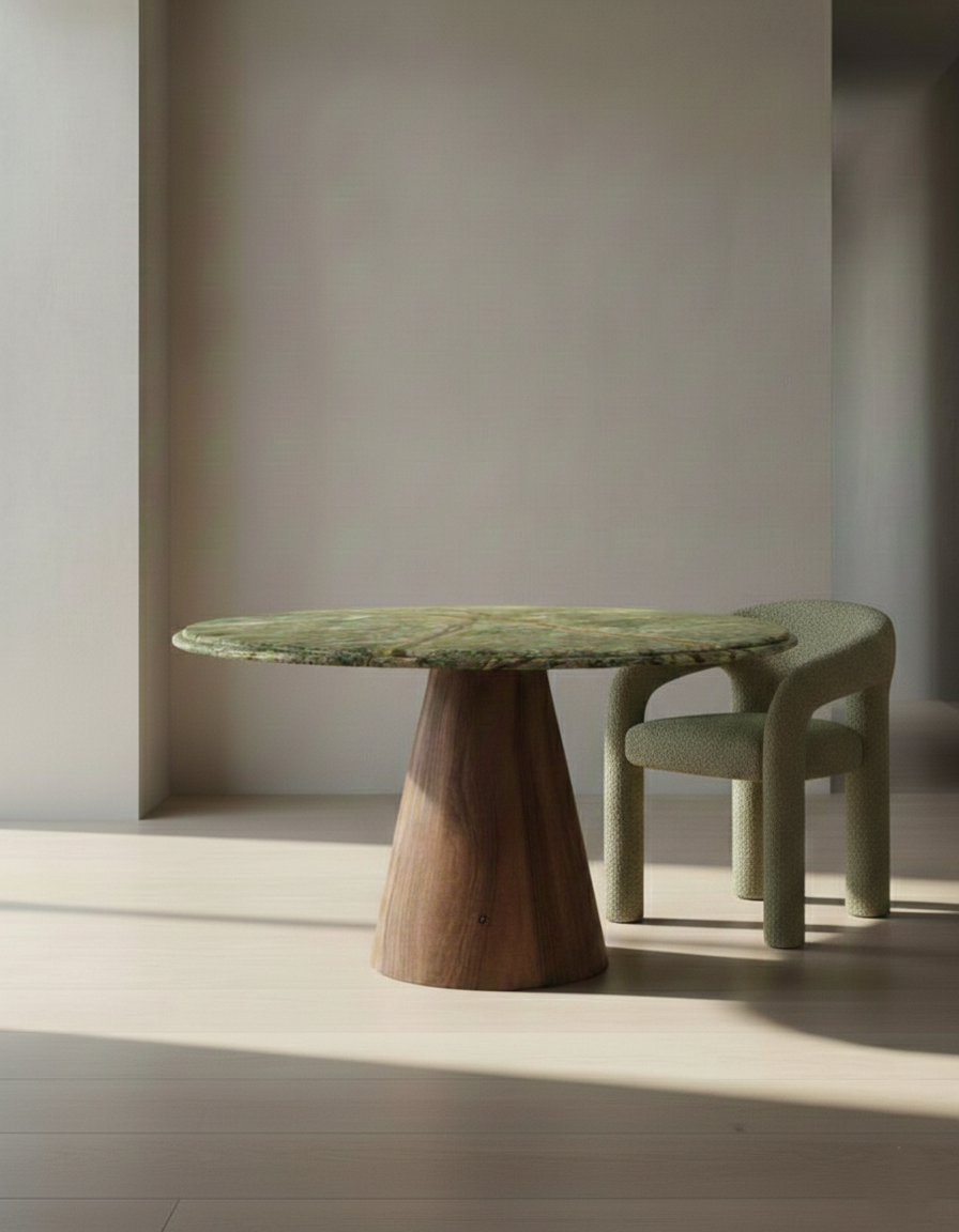 TD 11 Dining Table Ø130 cm, Green Forest marble - Walnut wood