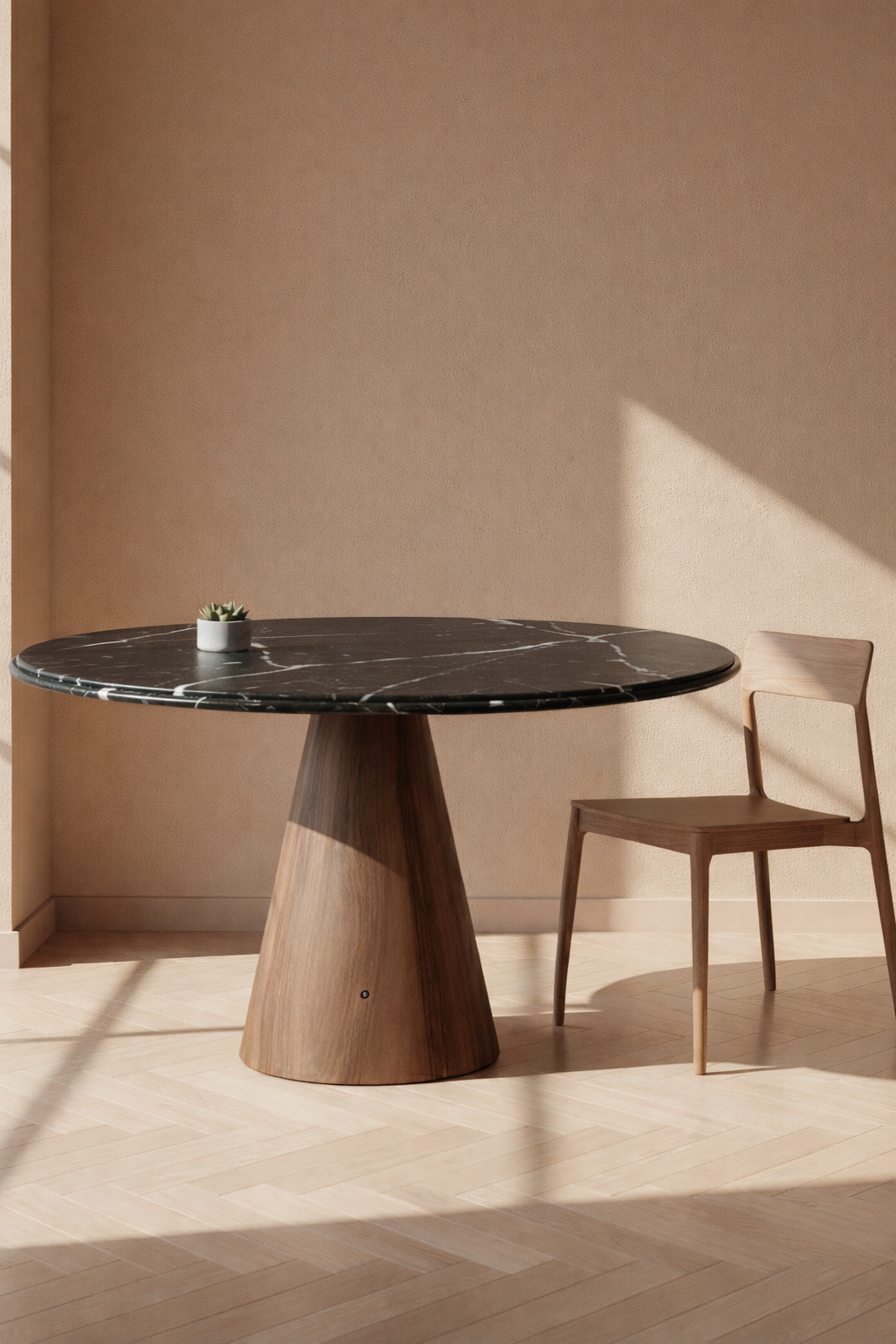 TD 11 Dining Table Ø130 cm, Black Khenifra marble - Walnut wood