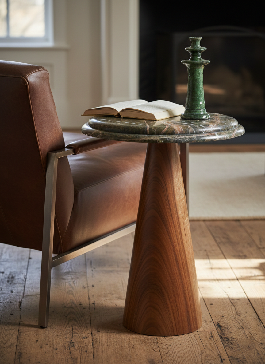 TS 11 Side Table, Green Forest Marble - Walnut wood